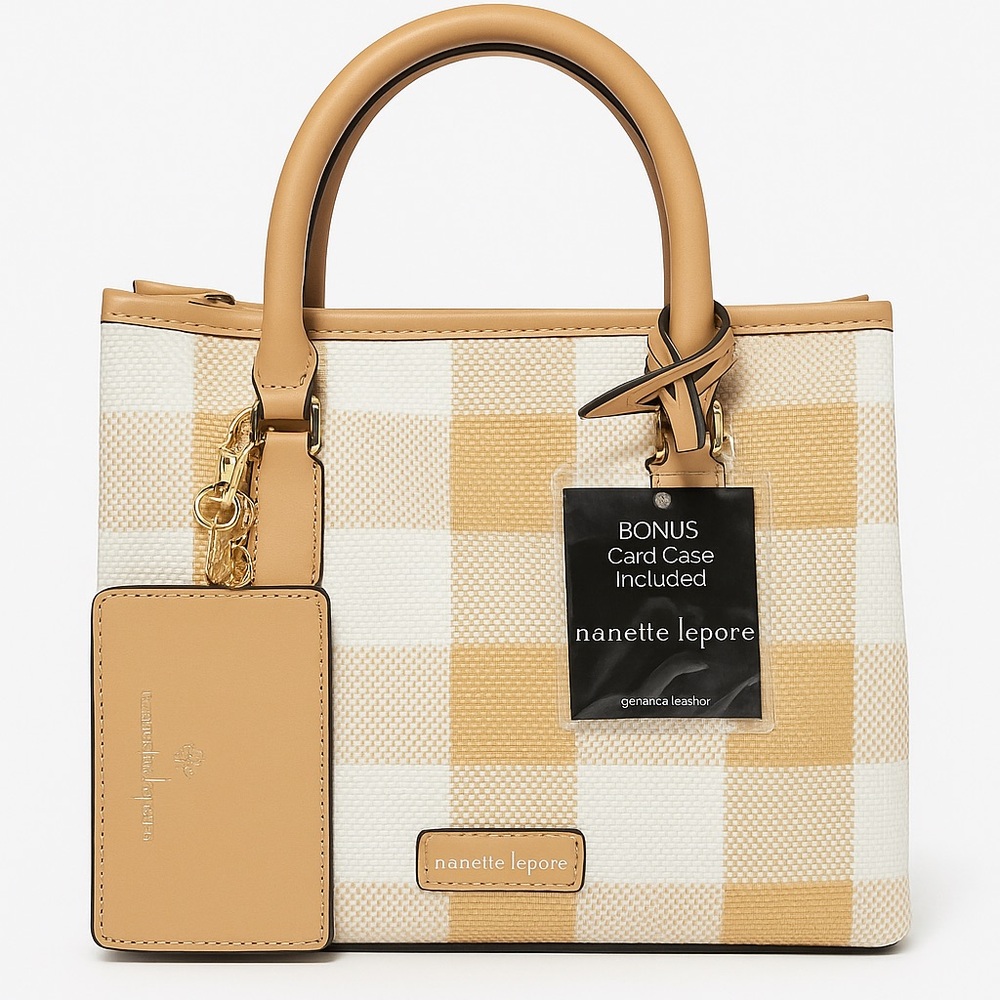 👜 Nanette Lepore Corina Woven Gingham Satchel w/ Add-On Card Case, Tan/White